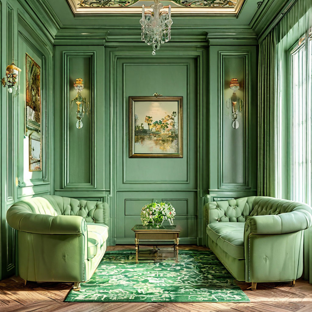 hotel room in green colors